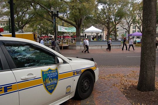 The Jacksonville Sheriff's Office is stationed at Hemming Park from 6 a.m.-6 p.m. Monday-Friday. Officers on bicycles patrol the area on weekends.
