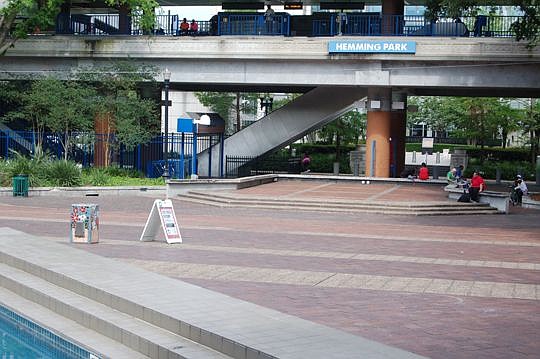 A permanent stage is proposed for Hemming Park near the Skyway platform.