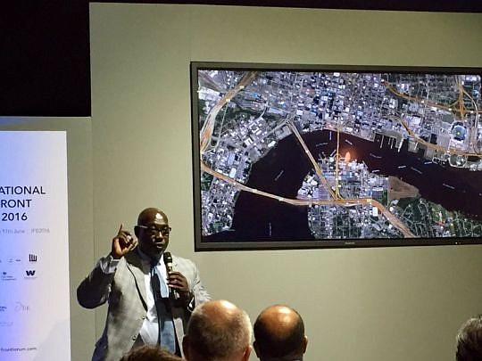 Aundra Wallace, Downtown Investment Authority CEO, presented Jacksonville urban redevelopment plans at the International Waterfront Forum in Liverpool, England.