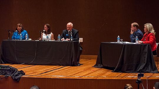 The Jacksonville Bar Association hosted a debate with candidates running for 4th Judicial Circuit state attorney. Above are State Attorney Angela Corey, Melissa Nelson and Wes White. Matt Corrigan, chair of the University of North Florida's Political ...