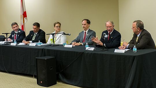 The Jacksonville Bar Association hosted a debate with Republican candidates running for the 4th District Congressional seat held by Ander Crenshaw, who is retiring. Above, from left, are Stephen Kaufman, Bill McClure, Deborah Pueschel, state Rep. Lake...