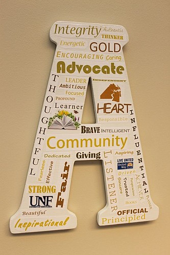 Employees at Ennis Pellum made this for Brosche during a recent Boss's Day. Each person picked a word they thought represented her and made it a part of the gift.