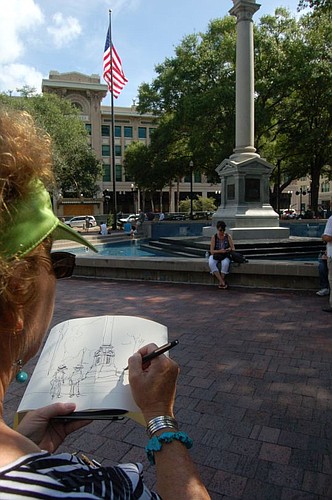 Emily O'Mahoney, a landscape architect from Jupiter, was drawing the fountain and statue in Hemming Park on Thursday morning.