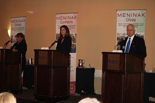 Candidates for the 4th Judicial Circuit Office of State Attorney race took part in a forum Monday at the Meninak Club of Jacksonville. From left, with less than a month to go, State Attorney Angela Corey and challengers Melissa Nelson and Wes White ha...