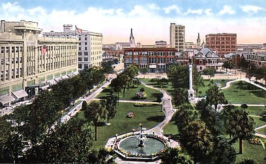 The original Hemming Park, prior to its conversion into a hardscape plaza in 1978, was a grass-covered open space.