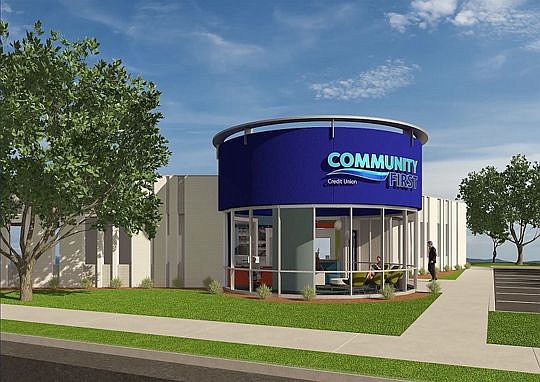 Construction will start early next year to transform the Community First Credit Union branch in West Jacksonville to its new concept, which includes a cylindrical glass tower that will become a signature feature of newly constructed branches.
