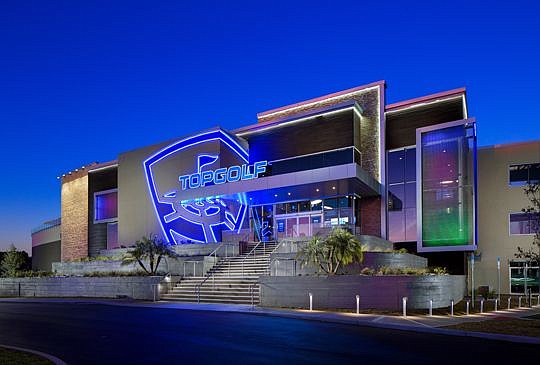 Architectural photography of the Topgolf Tampa facility exterior. Jacksonville's location is scheduled to open Oct. 28.