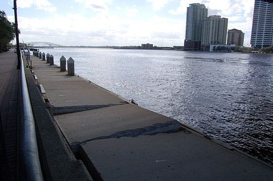 The floating dock Downtown adjacent to the Jacksonville Landing was slightly damaged in September by Hurricane Hermine and further damaged Friday when Hurricane Matthew passed by Northeast Florida. It is closed until further notice.