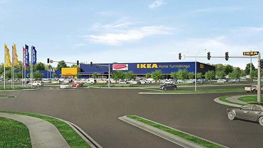 An architectural rendering of the Ikea store to be developed at 7801 Gate Parkway.