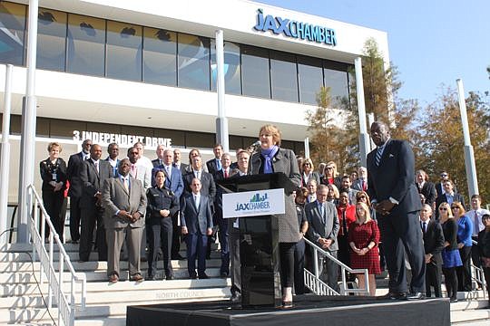 With dozens of Jacksonville business leaders behind her, JAX Chamber Chair Audrey Moran announced "Project Open Door," an initiative that has businesses holding off on asking about an applicant's criminal background until the interview process.