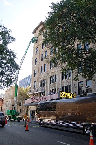 The traveling stage crew setting up for Monday night's Kenny G show at the Florida Theatre had to share Forsyth Street with the crew that's working about 80 feet above the sidewalk restoring the terra cotta facade on the historic 90-year-old venue. Th...