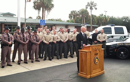 Gov. Rick Scott pushed Monday for legislators to back his proposal for 5 percent pay raises for state law enforcement officers in the 2017-18 budget. He talked about the issue during a news conference at the Florida Highway Patrol post in Tampa.