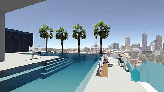 The view looking north from the top floor pool deck at 200 Riverside.