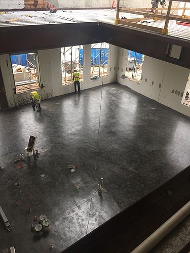 Interior work has begun on the Cowford Chophouse Downtown at East Bay and Ocean streets. The concrete floor on the ground level has been poured. Also, the first- and second-floor kitchens are framed in and electric and ventilation systems are installe...