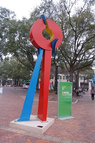 "Opposing Forces," a steel sculpture by Hanna Jubran, was donated by art collector Preston Haskell and installed in Hemming Park.