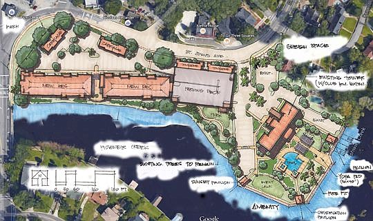 A conceptual site plan for St. Johns Village, which will be rebranded. It will include the renovated Commander Apartments, to the right, and townhouses, apartments, carriage houses and a parking garage to the left, where a retail center will be demoli...