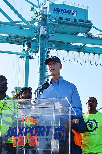 Gov. Rick Scott touted transportation investments in his proposed 2017-18 budget during a visit Monday to JaxPort. Scott's Florida Department of Transportation's work program budget includes $178 million for seaport infrastructure improvements.