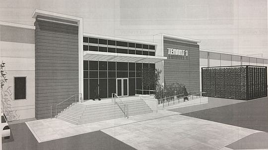 A rendering shows the proposed exterior renovations at 6805 Southpoint Parkway.