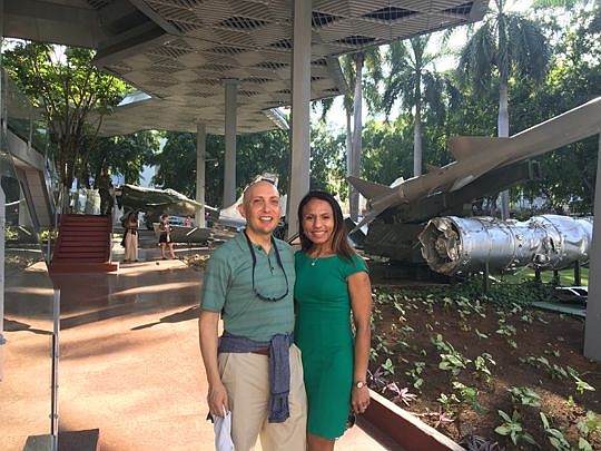 Michael and Crystal Freed at the Revolution Museum in Havana, Cuba. They are standing next to wreckage salvaged from a U.S. spy plane that was shot down over the island more than 50 years ago.