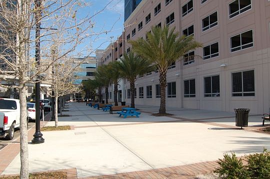 This area along Hogan Street between Bay Street and Independent Drive is being transformed into The Court: An Urban Food Park, a new option for Downtown lunch customers featuring food trucks.