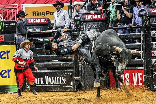 St. Patty gives Guilherme Marchi of Itupeva, Spain, a wild ride at the Professional Bull Riders' Jacksonville Invitational at Veterans Memorial Arena.