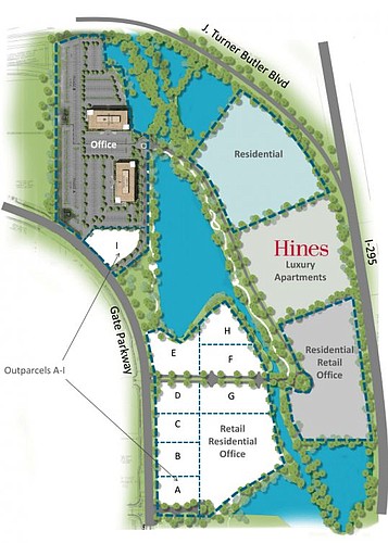 Single-family homes and condos are under review for land north of the Hines luxury apartments shown on this site plan.