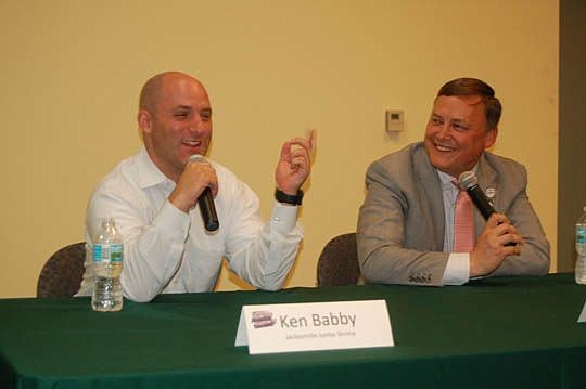 Jacksonville Jumbo Shrimp owner Ken Babby and Alan Verlander, executive director of the Jacksonville Sports Council, talk about breaking into the sports industry at Jacksonville University on Thursday.