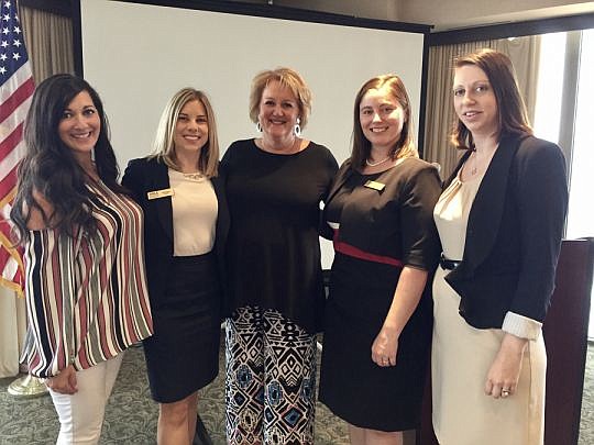 From left, Jacksonville Women Lawyers Association Vice President of Events Francine Palmeri, JWLA President Amelia Henderson, Baptist Health executive Audrey Moran, JWLA President-elect Jennifer Shoaf Richardson and JWLA Secretary Kelly Karstaedt.