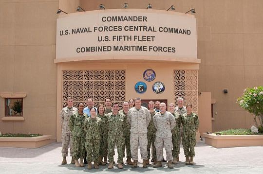 Adam Brandon, sixth from the right, served two weeks of reserve duty with the U.S. Naval Forces Central Command/U.S. Fifth Fleet in Manama, Bahrain, in the Persian Gulf.