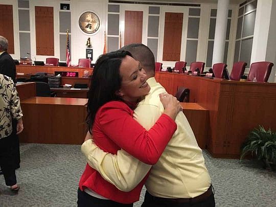 Anna Lopez Brosche is congratulated after being elected Jacksonville City Council president Tuesday. She won the post on an 11-8 vote.