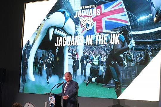 At the World Affairs Council luncheon on Tuesday, Jaguars President Mark Lamping said playing a home game in London has helped pull the team's ranking from next-to-last out of 32 teams in local revenue five years ago to in the mid-20s now. Photo provi...