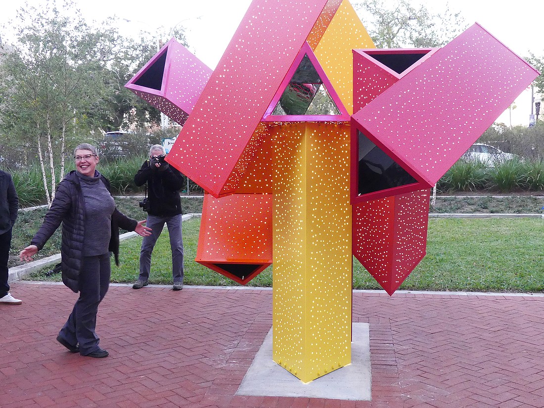 Artist Shasti O&#39;Leary Soudent at the dedication of her illuminated sculpture, â€œJaxoscope,â€ at Jesse B. Smith Memorial Plaza, across Forsyth Street from the Florida Theatre.