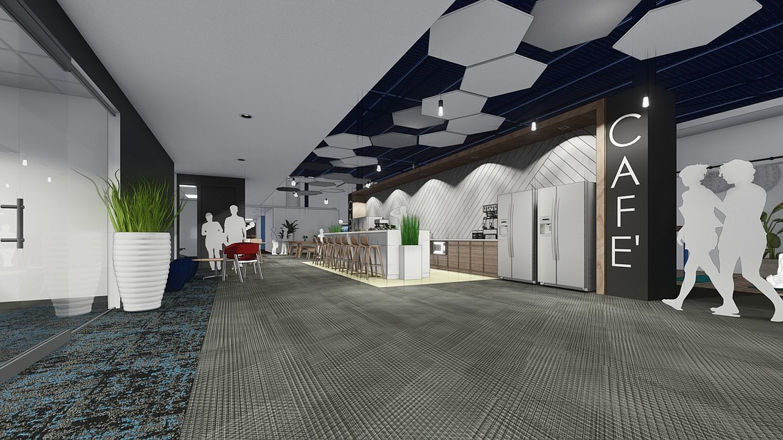 An artistâ€™s rendering of the cafe for Beeline in new Flagler Center headquarters offices. The software companyâ€™s new space will be 32,000 square feet, 3,000 square feet larger than the space it occupies now.