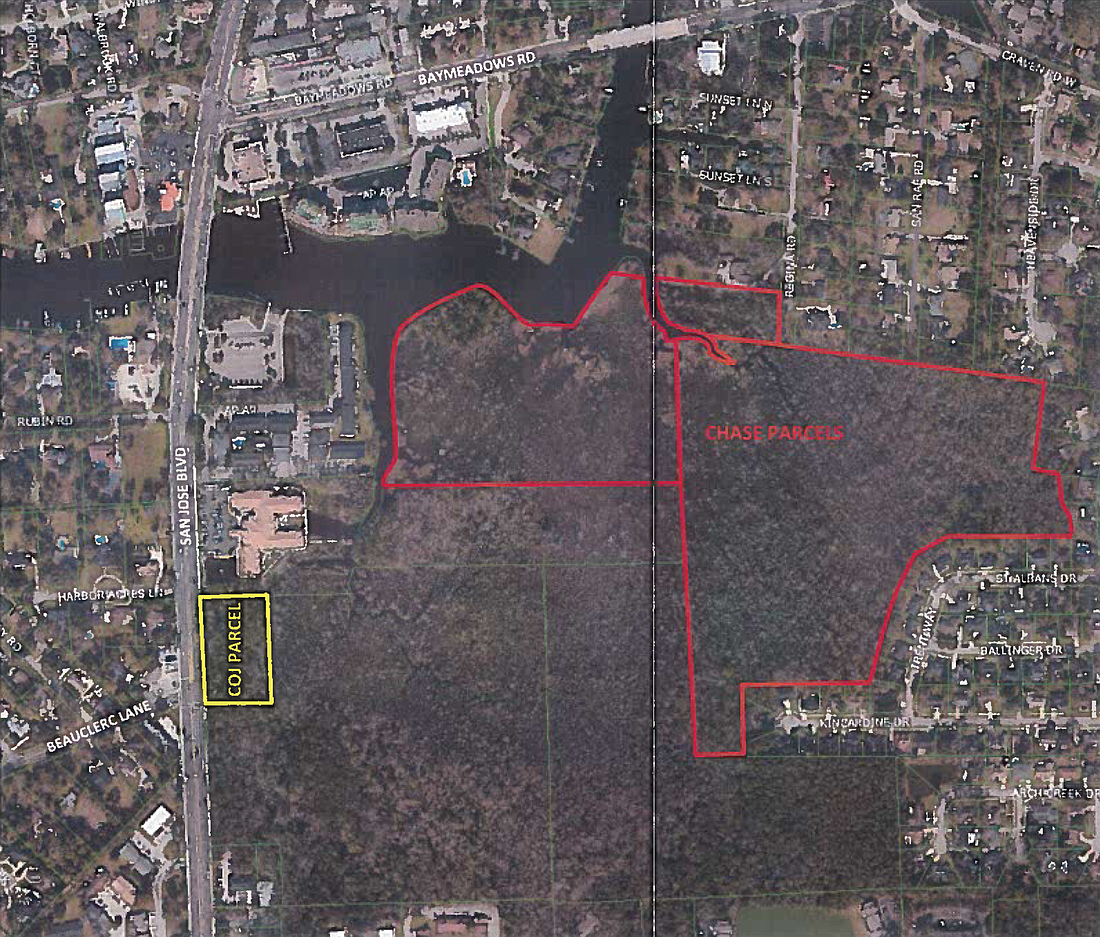 The 2.3-acre city property in yellow would be swapped for the 52-acre property in red.