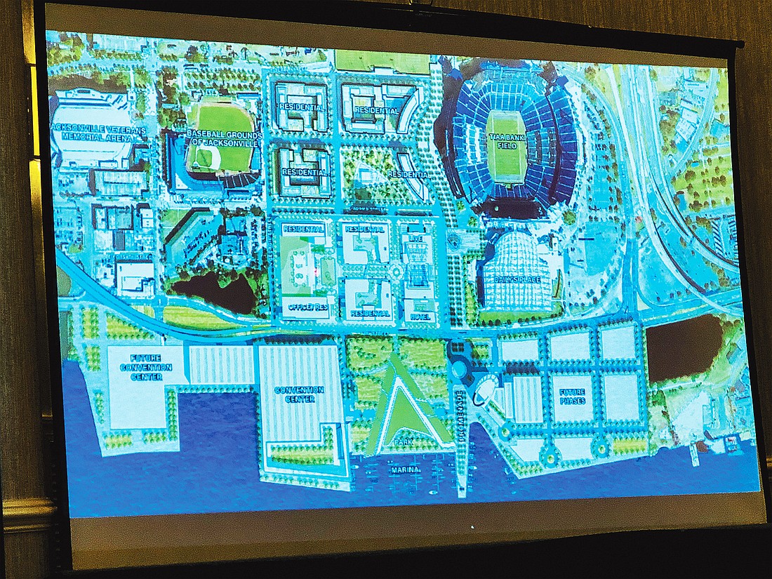 Zed Smith, COO of The Cordish Companies, showed this map of the Lot J, Jacksonville Shipyards and Metropolitan Park areas to the Meninak Club of Jacksonville during a March 2 speech.