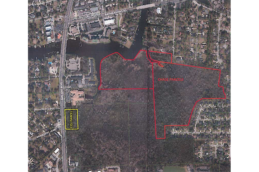 The 2.3-acre property in yellow would be swapped for the Chase Properties site in red.
