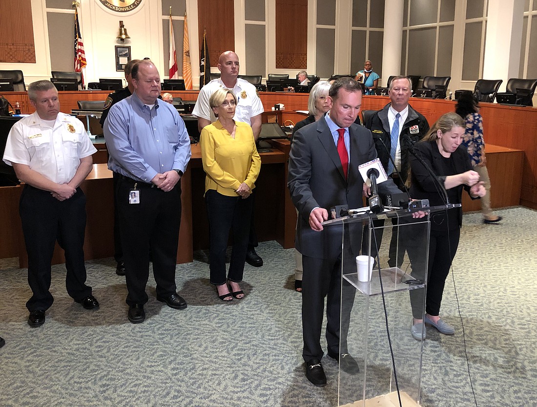 Jacksonville Mayor Lenny Curry announces the citywide occupancy limits at City Hall on March 16. Curry said he was â€œextremely disturbed and disappointedâ€ by crowds gathering around the city over the weekend.