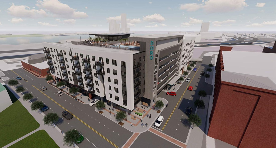 An artistâ€™s rendering of The Doro, a mixed-use development planned on the site of the George Doro Fixture Co. block Downtown.