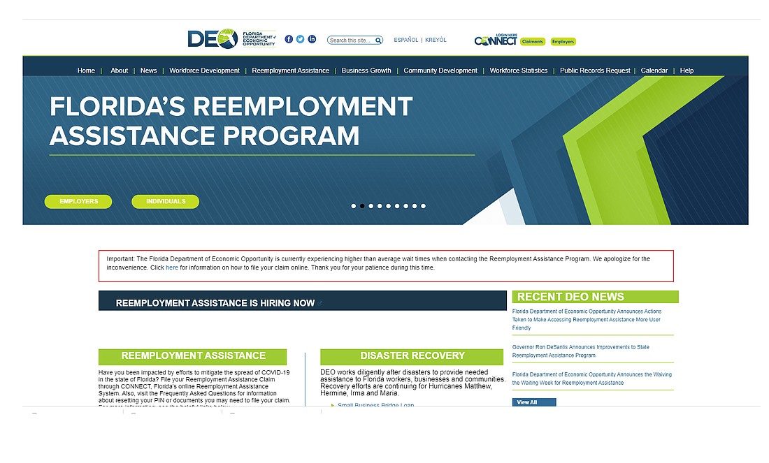 Florida Department of Economic Opportunity website where users can go to begin filing unemployment benefits.