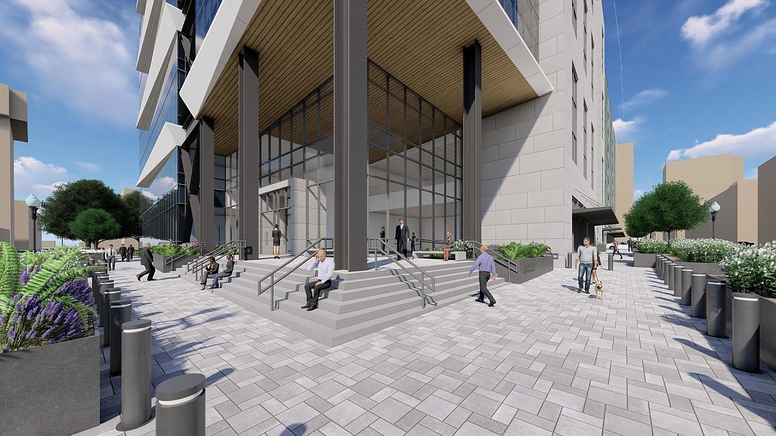 A rendering of the entrance to the planned JEA headquarters  at 325 W. Adams St.