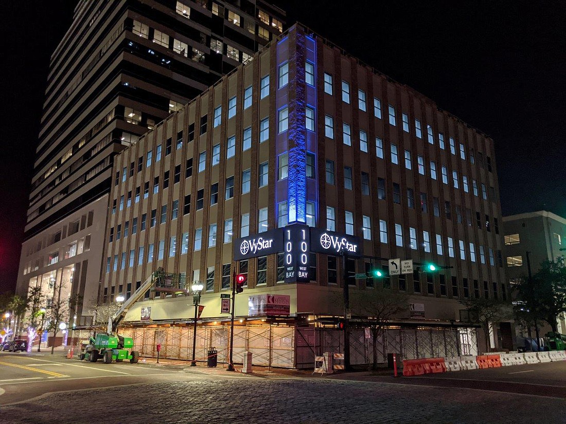VyStar Credit Union put up lights this year at 100 W. Bay St. on its Downtown campus. It is installing lights next on its adjacent 23-story VyStar Tower.