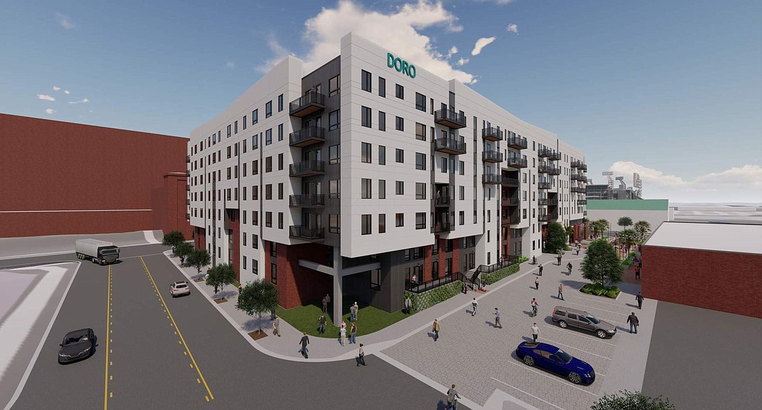 An artist&#39;s rendering of the Doro,  a 247-unit apartment building and seven-story parking garage at 102 A. Philip Randolph Blvd.