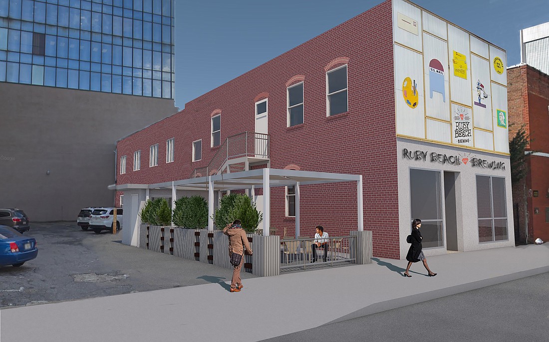 An artist&#39;s rendering of the Ruby Beach Brewing Co. taproom and outdoor seating area.