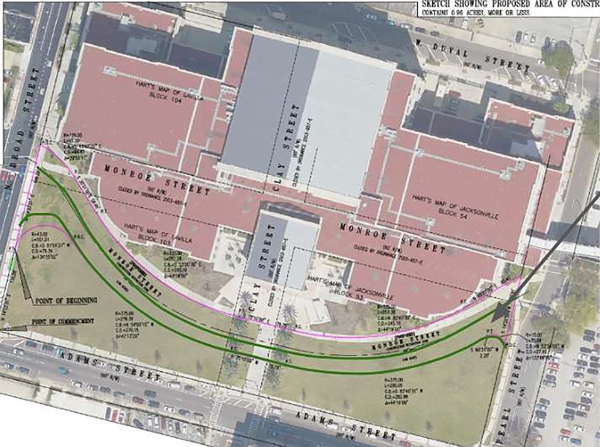 The site plan for the Art in Public Places project at the Duval County Courthouse includes possible restoration of Monroe Street, between the courthouse and West Adams Street, shown by the green lines in the map.