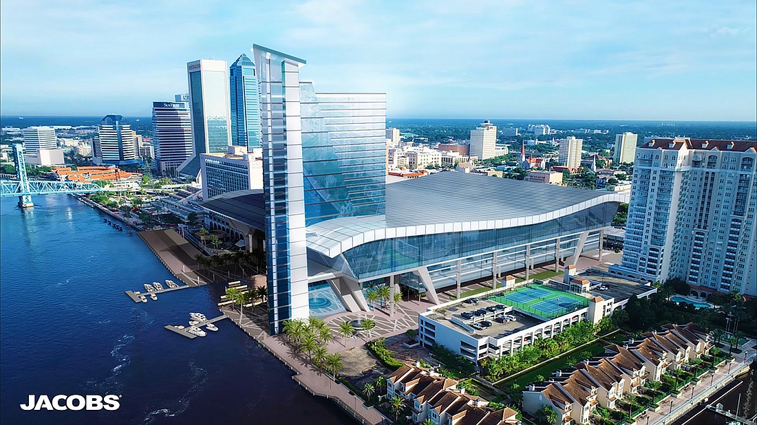 An artist&#39;s rendering of the convention center, civic plaza and marina Jacobs Engineering is proposing for The Ford on Bay site Downtown.