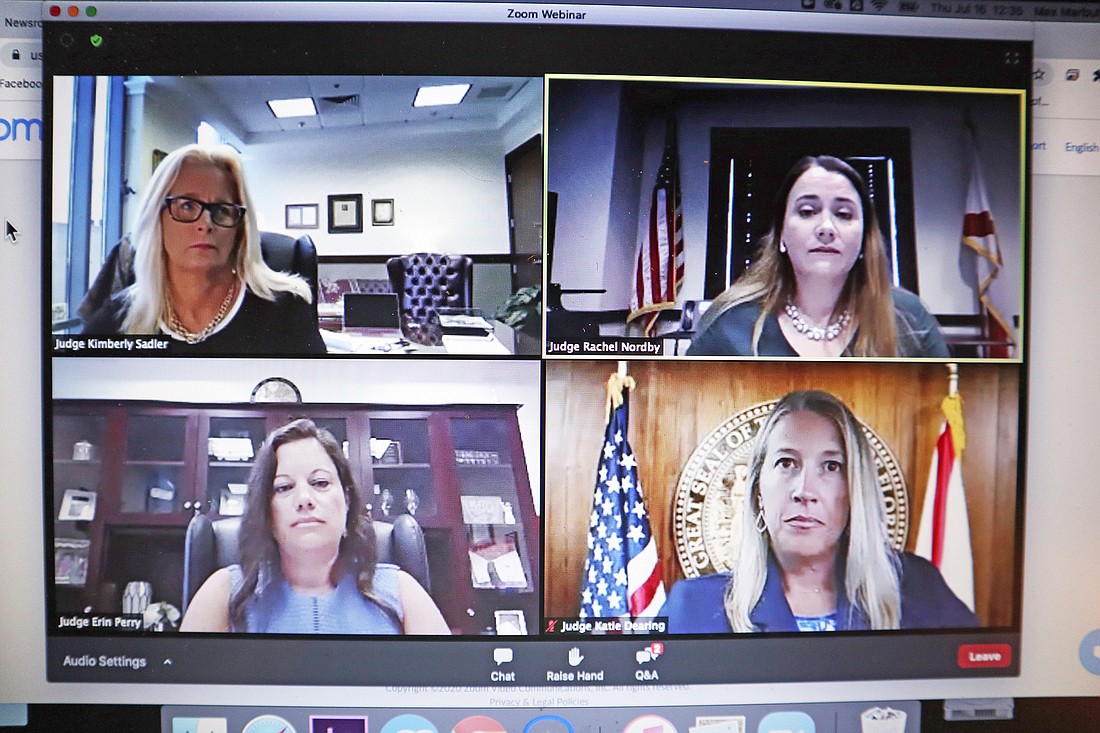 Clockwise from top left: Duval County Judge Kimberly Sadler, 1st District Court of Appeal Judge Rachel Nordby, 4th Circuit Judge Katie Dearing and Duval County Judge Erin Perry.