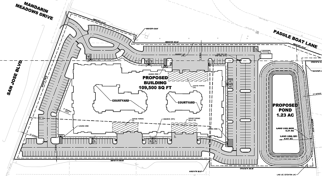 The site plan for the 260-unit apartment community long the east side of San Jose Boulevard at Mandarin Meadows Drive.