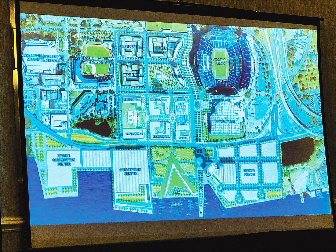 The Cordish Companies Chief Operating Officer Zed Smith showed this map of the Shipyards and Lot J to the Meninak Club of Jacksonville on March 2.