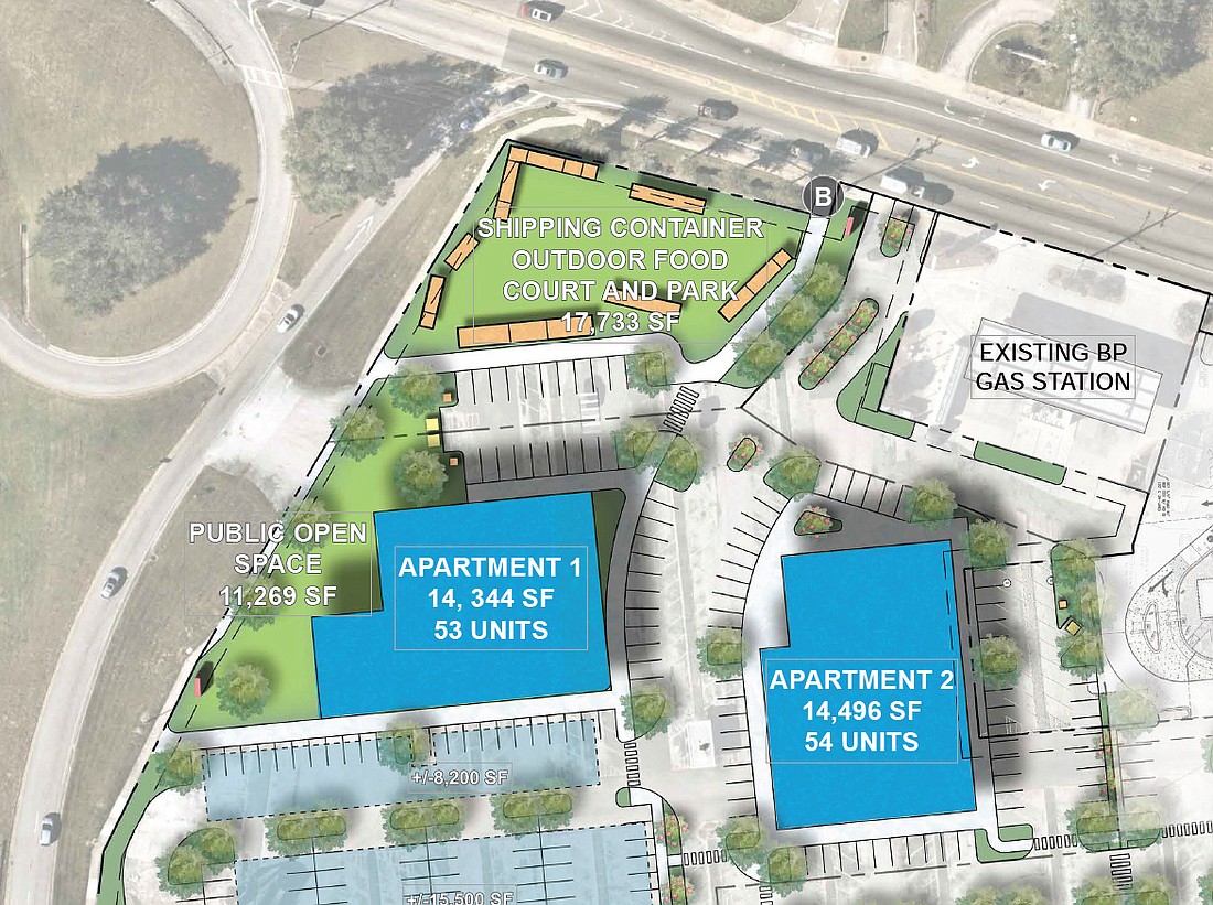 Plans for College Park show a shipping container outdoor food court and park at University Boulevard and the Arlington Expressway.Â