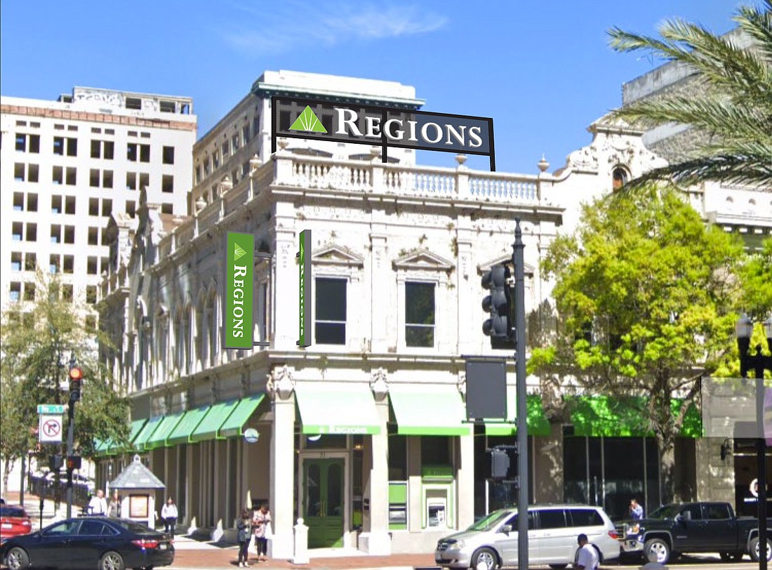 Regions Bank is seeking special sign exception for a new rooftop and projecting signs for its 51 W. Bay St. headquarters.